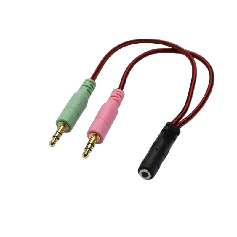 Three audio connectors with red, green, and black cables on a white background