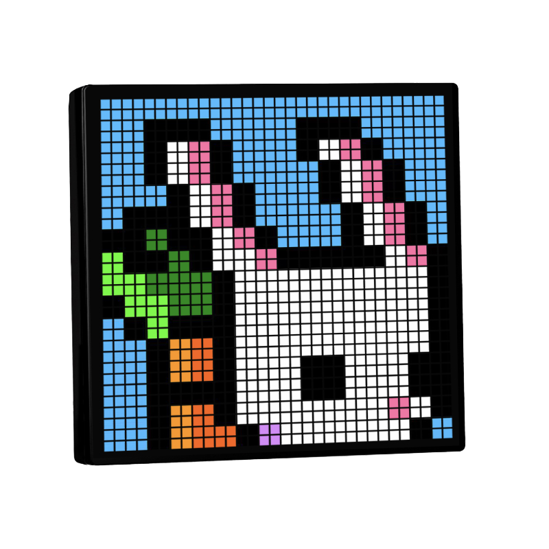 Pixelated design of a cat and colorful blocks on a black border